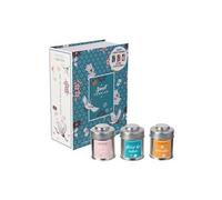 Home Deco Factory BO5372 Bougies Parfumées Sweet Coffret Livre de 3 Assorties Nuage Sucré Fleur de Coton Vanille Pots Métal Gris Rose Bleu Orange H23 x 8,5 x 17,6 cm