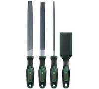 Coffret 4 limes métaux BOSCH 200 mm H2 ISO 234 + brosse Limes gris, poignées noires avec accents verts, brosse avec face abrasive verte texturée