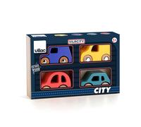 VILAC - Coffret de 4 Voitures City - Voiture et Garage en Bois - 4 Voitures en Bois modèle City - Jeux d'Eveil pour Enfant en Bois - Jouet pour Enfant Dès 3 Ans - 2370