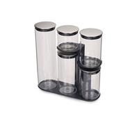 Joseph Joseph Podium - Lot de 5 Bocal en verre avec Couvercle, Pots et Bocaux de Conservation Hermétique, Avec Support, Noir/Acier Inox