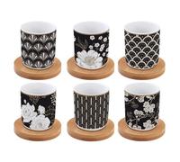 COFFRET 6 TASSES A CAFE EN PORCELAINE SOUS TASSES EN BOIS ART DECO FLOWERS - EASYLIFE