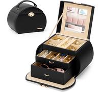 Coffret à bijoux à 3 niveaux, verrouillable avec miroir, boîte à bijoux pour colliers, montres, bagues, bracelets, boucles d'oreilles (noir)