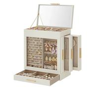 Coffret à bijoux avec fenêtre en verre, organiseur à 5 niveaux, 3 tiroirs latéraux, rangement, grand miroir, moderne Pour D'Oreilles
