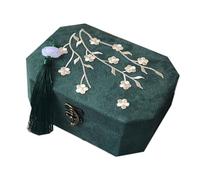 Coffret à bijoux double couche, rangement for bracelets et colliers brodés de fleurs avec pompon, organiseur de bijoux en flanelle vert foncé Emballage cadeau