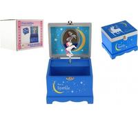 Coffret à bijoux licorne jouant sur du bois extensible couvercle à charnière bleu 12,5x10,5cm