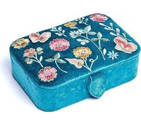 Coffret à bijoux / tarot en velours bleu avec fleurs -- 11x15,5x5 cm