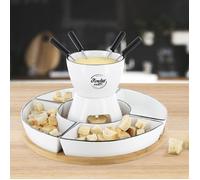 COOK CONCEPT - KA4602 Coffret à Fondue avec Support en Bambou et Coupelles - Conçu pour Repas Conviviaux - Dimensions 19 x 30 x 30 cm - Couleur Blanche
