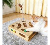Coffret à Jouets en Bois pour Chat, Jouet de Chasse interactif d'intérieur pour stimuler l'énergie et Les Instincts de Votre Chat, avec 4 balles à grelots et 1 Jouet (Natural Wood)