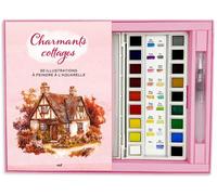 Coffret Aquarelle - Charmants Cottages - 30 illustrations à peindre Un carnet avec des feuilles détachables, une palette de 18 couleurs et un pinceau réservoir - Collectif - Merci Les Livres - Coffret