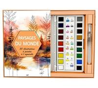 Coffret Aquarelle - Paysages du monde - 30 illustrations à peindre: Un carnet avec des feuilles détachables, une palette de 18 couleurs et un pinceau réservoir