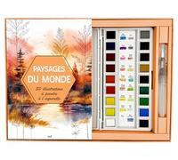 Coffret Aquarelle - Paysages du monde - 30 illustrations à peindre: Un carnet avec des feuilles détachables, une palette de 18 couleurs et un pinceau réservoir
