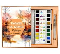 Coffret Aquarelle - Paysages du monde - 30 illustrations à peindre Un carnet avec des feuilles détachables, une palette de 18 couleurs et un pinceau réservoir - Collectif - Merci Les Livres - Coffret