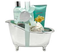 Coffret Bain Argent-Monoï - Gel Douche 260ml, Lait Corporel 190ml, Bain Moussant 260 ml, Sels de Bain 80g, Fleur de douche - Cadeau Femme Beauté - Kit Cocooning Baignoire - French Tendance