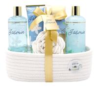 Coffret Bain Jasmin - Lotion Corps 120ml, Shampoing, Gel Douche, Sels de Bain - Cadeau Femme Beauté, Soin Corps, Bien Etre - Kit Cocooning Panier Jasmin French Tendance