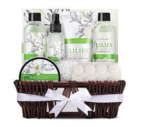 Coffret Bain pour Femme Elegant, Body & Earth 10 Pcs Cadeau de Bain au Parfum de Lys avec Panier en Osier, Idéal Cadeau pour les Femmes et les Filles, Convient l’Anniversaire