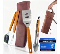 Coffret Barbecue Homme - ustensiles avec Sacoche Cuir et Manches en Bois | Spatule 3-en-1 avec décapsuleur & lame, kit barbecue, brosse, brochettes, cadeau fête des pères & Noël