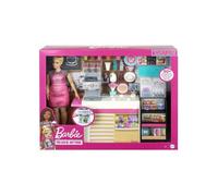 Coffret Barbie La Cafétéria + 20 accessoires + 1 poupée - Poupée Mannequin - Métier Restaurant - Set Vendeuse de Café + 1 Carte