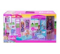 Coffret Barbie Maison Transportable + Piscine + 1 Poupée Mannequin + 20 Accessoires - Set Mobilier + 1 Carte Offerte