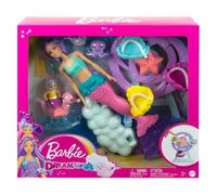 Coffret Barbie Poupées Sirène + Bébé + Hippocampe + Otarie + Poulpe + Manège + 2 Accessoires - Poupée Mannequin + Carte Animal