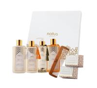 Coffret Beauté pour Femme à l'Huile d'Argan - Shampooing, Gel douche, Sérum capillaire, Lotion pour le corps, Savon hydratant, Savon purifiant et Peigne en bois - Tous types de Peau/Cheveux - Végan