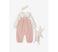 Coffret bébé T-shirt + salopette + bandeau + doudou rose poudré 3M(60CM)