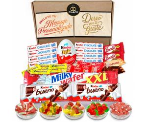 Coffret Bonbons avec +25 pièces de Chocolat Kinder et 450g de Bonbons Sans Gluten. Kinder Chocolate, Kinder Bueno, Kinder Joy, Happy Hippo, SchokoBons et Gummy Candy.