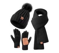 Coffret Bonnet Écharpe Homme Hiver, pour Temps Froid Couleur Unie Chapeaux Bonnets Foulard Cache Cou Et Écran Tactile Gants Set Doublé Chenille Tricot Polaire Doublé pour Ski Extérieur