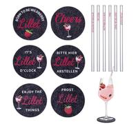 Coffret Cadeau 12 Dessous de Verre Aperol Lillet, 6 Dessous de Verre en Feutre avec Inscriptions Lillet, 6 pailles en Verre Lillet de 20 cm, Dessous de Verre Lillet, Cadeau pour Les Fans de Lillet