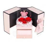 Coffret cadeau 13,5 x 13,5 x17 cm Coffret Rose Eternelle Boîte-cadeau de fleurs préservées d'ours, boîte à bijoux à collier et
