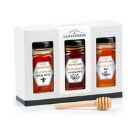 Coffret cadeau 3 miels du Monde et cuillère à miel - Coffret cadeau 3x 125g