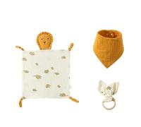 Coffret cadeau 3 pièces pour la première naissance du nouveau-né pour garçons et filles - Doudou en coton - Bavoir et anneau de dentition en bois - Pour nouveau-né - Doudou doux - Dessin animé mignon
