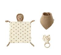 Coffret cadeau 3 pièces pour la première naissance du nouveau-né pour garçons et filles - Doudou en coton - Bavoir et anneau de dentition en bois - Pour nouveau-né - Doudou doux - Dessin animé mignon