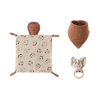 Coffret cadeau 3 pièces pour la première naissance du nouveau-né pour garçons et filles - Doudou en coton - Bavoir et anneau de dentition en bois - Pour nouveau-né - Doudou doux - Dessin animé mignon