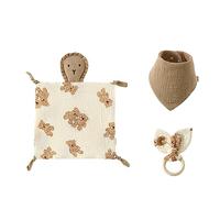 Coffret cadeau 3 pièces pour la première naissance du nouveau-né pour garçons et filles - Doudou en coton - Bavoir et anneau de dentition en bois - Pour nouveau-né - Doudou doux - Dessin animé mignon
