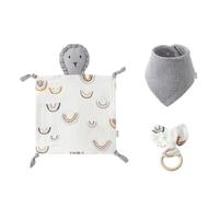 Coffret cadeau 3 pièces pour la première naissance du nouveau-né pour garçons et filles - Doudou en coton - Bavoir et anneau de dentition en bois - Pour nouveau-né - Doudou doux - Dessin animé mignon