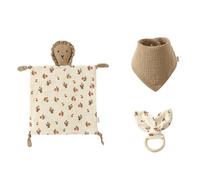 Coffret cadeau 3 pièces pour la première naissance du nouveau-né pour garçons et filles - Doudou en coton - Bavoir et anneau de dentition en bois - Pour nouveau-né - Doudou doux - Dessin animé mignon