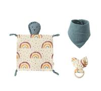 Coffret cadeau 3 pièces pour la première naissance du nouveau-né pour garçons et filles - Doudou en coton - Bavoir et anneau de dentition en bois - Pour nouveau-né - Doudou doux - Dessin animé mignon