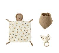 Coffret cadeau 3 pièces pour la première naissance du nouveau-né pour garçons et filles - Doudou en coton - Bavoir et anneau de dentition en bois - Pour nouveau-né - Doudou doux - Dessin animé mignon