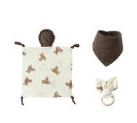 Coffret cadeau 3 pièces pour la première naissance du nouveau-né pour garçons et filles - Doudou en coton - Bavoir et anneau de dentition en bois - Pour nouveau-né - Doudou doux - Dessin animé mignon