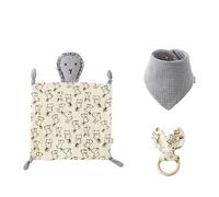 Coffret cadeau 3 pièces pour la première naissance du nouveau-né pour garçons et filles - Doudou en coton - Bavoir et anneau de dentition en bois - Pour nouveau-né - Doudou doux - Dessin animé mignon