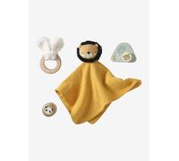 Coffret cadeau 4 pièces : doudou personnalisable + anneau de dentition + hochet + boîte à musique en bois FSC® tanzanie TU
