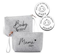 Coffret cadeau 4 pièces pour femmes enceintes : 2 sacs en feutre + 2 pièces de monnaie, cadeaux de naissance, cadeau idéal pour maman et futur papa, cadeau de fête prénatale en gris/argenté