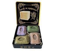 Coffret cadeau 4 savons de Marseille Le Sérail et boite en métal "savon de Marseille" noire- parfums Thé vert, lavande broyée, germes de blé, verveine broyée- idéal pour offrir,