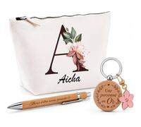 Coffret Cadeau Aicha | Trousse Coton, Stylo Bambou Gravé et Porte-Clés Bois | 3 Pièces Prêtes à Offrir | Remerciement Anniversaire Noël