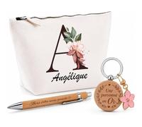 Coffret Cadeau Angélique | Trousse Coton, Stylo Bambou Gravé et Porte-Clés Bois | 3 Pièces Prêtes à Offrir | Remerciement Anniversaire Noël