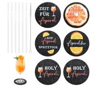 Coffret Cadeau Aperol 12 Pièces, 6 Pailles en Verre & 6 Dessous de Verre en Feutre avec Citations Accessoire de cocktail parfait et décoration pour les fêtes pour Soirée Apéro Fête Cadeau