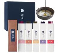 Coffret Cadeau Asayu, Assortiment de Bâtonnets d'Encens Japonais Naturels,Porte-Encens 5 Parfums : Rose, Sauge Blanche, Fleur de Cerisier, Fleur de Prunier. Fabriqué au Japon, Haute qualité.