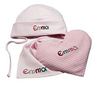 Coffret cadeau avec coeurs, Baby Bonnet avec triangle Serviette et coussin chauffant, Set cadeau naissance, cadeau bébé avec nom