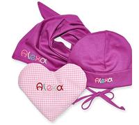 Coffret cadeau avec coeurs, Baby Bonnet avec triangle Serviette et coussin chauffant, Set cadeau naissance, cadeau bébé avec nom
