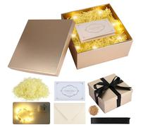 Coffret cadeau avec couvercle, 20 x 20 x 10 cm, pliable, avec ruban, carte de vœux, enveloppe, tampon d'enveloppe, matériau de remplissage raphia et lumière LED pour anniversaire, mariage (or rose)